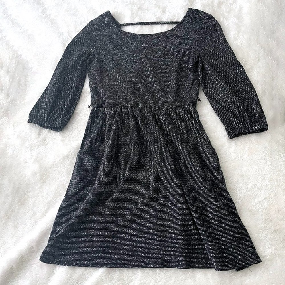 Lily Rose Black Three Quarter Length Skater Dress with Glitter Stripes